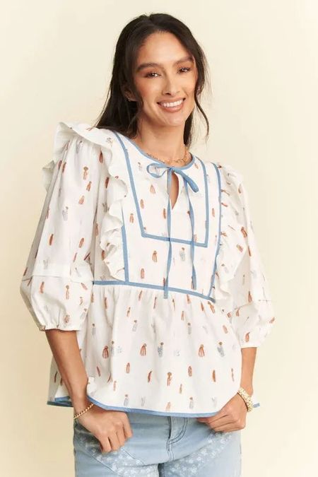 Davi & Dani Cactus Conversational Denim Binding Bodice Blouse